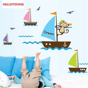 Blauer Ozean Möwe Cartoon Affe Traum Segel Boot Schiff Aufkleber Wandtattoos für Kinderzimmer Baby Wandaufkleber 3D