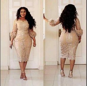 African Champagne Mother Of The Dresses Jewel Neck Applique Illusion 3/4 Sleeve Long Sleeve Evening Gowns Plus Size Mermaid Prom Dress