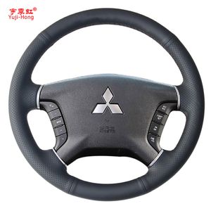 Yuji-Hong Artificial Leather Car Steering Wheel Covers Case for Mitsubishi Pajero Hand-stitched Cover Black