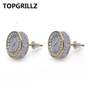 TOPGRILLZ Gold Silver Color Iced Out Cubic Zircon Round Stud Earring With Screw Back Buckle Men Women Hip Hop Jewelry Gifts