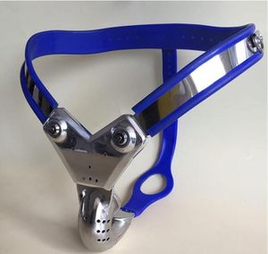 Dispositivo di castità Cintura maschile in acciaio inossidabile di colore blu con gabbia per cazzi Giocattolo per blocco del pene schiavo sessuale per uomo