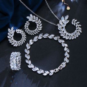 Bride Wedding Jewelry Set White Gold Plated CZ Flower Earrings Necklace Ring Bracelet 4in 1 Jewelry Set for Girls Women LY-085