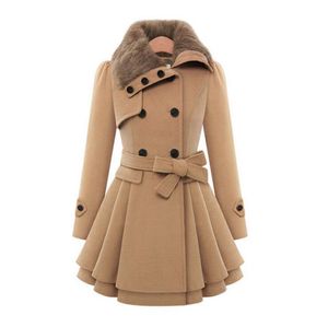 4色の女性の冬のコートの偽の毛皮の襟の首の女性ウールのようなコートスリムフィットアウターウェアS  -  4xl
