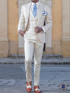 Fashion Beige 3 Piece Suit Men Wedding Tuxedos Handsome Groom Tuxedos Excellent Men Business Dinner Prom Blazer(Jacket+Pants+Tie+Vest) 488