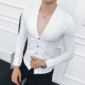 Alta Qualidade Estilo Britânico Homens Camisa Moda Slim Fit V Neck Camisas Casuais Homens Manga Longa Sólida All Match Blusa Momme Homme Tuxedo