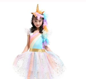 New Kid Bebés Meninas do arco-íris saia tutu Unicorn Headband 3 Pcs / lot Outfits Partido Mostra Execute Saia Vestido + asa + Headhend Set