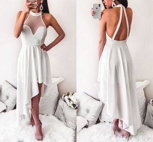 Sexig Backless White Short Prom Dresses High Neck Satin High Low Party Dresses Custom Made Halter Homecoming Dresses