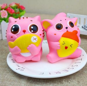 Baby DecompressionToys Cartoon Grandi occhi Gattino/Gatto Mangia pesce Squishies Kawaii Aumento lento JumboToys Regalo Ciondolo con bacchetta di cellulare o chiave