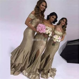 Sequined Sparkly Gold Mermaid Bridesmaid Dresses Off Shoulder Cap Sleeves Tiered Ruffles Split Arabic Maid Of Honor Wedding Guest Gowns