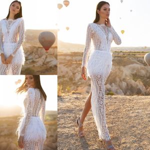 Eva Lendel 2019 Split Feather Wedding Dresses Långärmade Bröllopklänningar Full Lace Appliqued Beach Wedding Dress