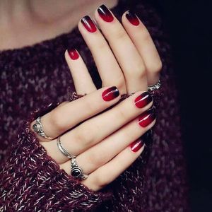 24pcs/set Super Nice акриловые поддельные ногти цвета черный + красный градиент короткий абзац 7style Full Cover французские ложные ногти