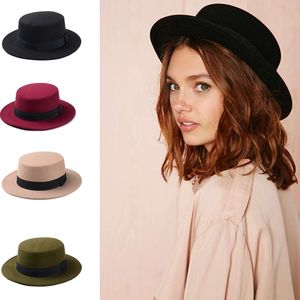 Marca New Lã barqueiro Flat Top Hat para as Mulheres de feltro aba larga Hat Fedora Laday Prok Pie Chapeu de Feltro Bowler Gambler Top Hat