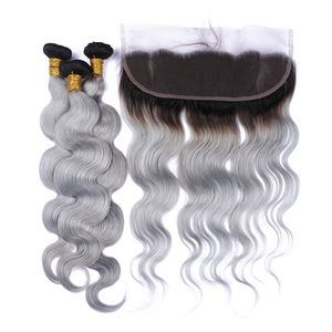 Dark Root #1B/Grey Ombre Brazilian Human Hair Weaves Body Wave with 13x4 Full Lace Frontal Closure Ombre Silver Grey Virgin Hair 3Bundles