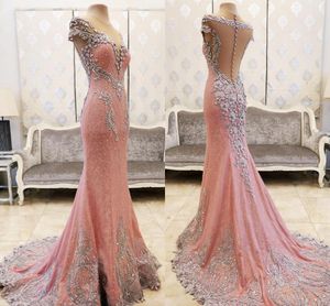 Luxury Lace Crystals Beaded Pink Evening Dresses Sheer Neck Mermaid Back Covered Buttons Sweep Train Saudi Arabia Party Dresses HY1806