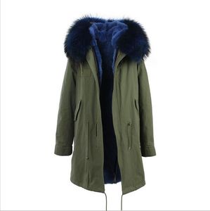 Классический синий мех отделка jazzevar бренд синий мех кролика выстроились армии зеленый холст длинные куртки женщин пальто с YKK молния длинный снег куртка