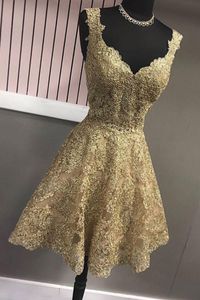 Gold V Neck Homecoming Short Prom Dresses Cheap V Neck with Straps spetsbodis en linje prinsessa ny 2022 examensfest formell dr268d