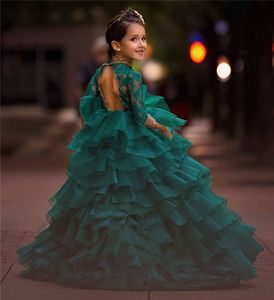 Princess Green Backless Cheap Girls Pageant Dresses 2020 Ball Gown Long Sleeves Gold Lace Organza Girl Birthday Prom Party Gowns for Toddler