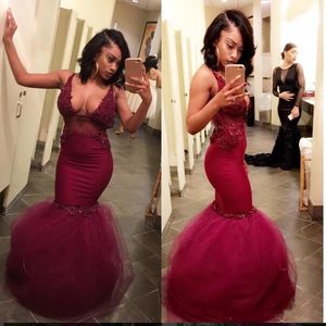 Sexy Gorgeous Newest Bury Mermaid Prom Dresses Lace Beaded Spaghetti Deep V Neck Sweep Train Tiered Tulle Party Gowns Evening Dress
