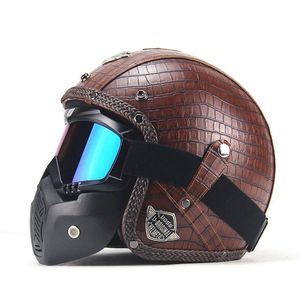 ブラウンオートバイヘルメット3/4オープンヘルメットPUレザー+ゴーグルマスクビンテージスタイルXL