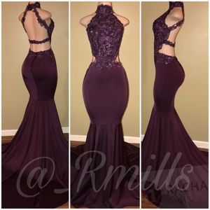 Glamorous 2018 Burgundy High Neck Mermaid Prom Dresses Sexy Sleeveless Lace Appliques Backless Cutaway Sides Long Evening Party Gowns