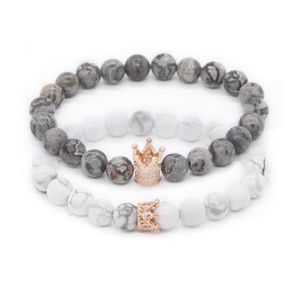 Bracciali per lui e per lei 8mm Grey Map Stone Howlite Beads Crown King Charm Bracciale per gli amanti dei gioielli a distanza