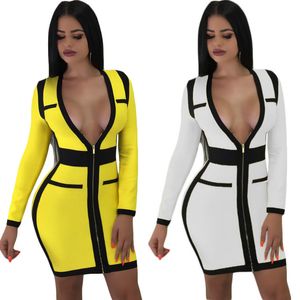 BodyCon Bandage платье Vestidos Женщины Новые Прибытия Желтый Сексуальный V Вырезы Длинное Рукавое Платье Знаменитости Вечерние Платья Осеннее Зимнее Платье