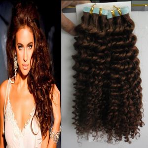 Jasnobrązowa ludzka taśma w kinky Curly 100g 40 sztuk / partia Non Remy Brazylijski Human Hair Skin Weft Taśma w przedłużaniu włosów