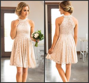 Wholesale nude lace bridesmaid dresses for sale - Group buy 2018 New Nude Lace Bridesmaid Dresses Country Knee Length With Pearls Jewel NecK and Zipper Back Maid of Honor Dresses Custom Made Plus Size