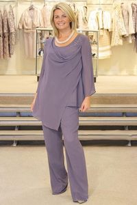 Plus Size Lavender Mother Of The Bride Pant Suits Long Sleeve Chiffon Beads Wedding Guest Groom Dress Two Pieces Mothers Outfit Long Garment