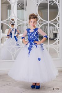 New Lovely Royal Blue Lace Appliques Flower Girl Dresses Half Sleeve With Bow Sash Ankle Length Girl Pageant Prom Party Gowns