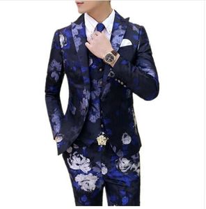 2018 Fashion Custom 3 Pcs Wedding Dress Mens Italian Suit Floral Blazer Masculino Casual Suits Slim Fit Tuxedo Red Yellow Blue