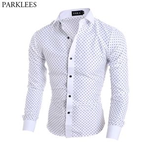Mens polka dot impressão vestido branco camisas slim cabe manga longa chemise homme business casual botão para baixo camisa macho camisa social