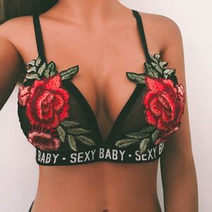 Sexy Bralette Floral Haft Przezroczysty Czarny Koronki Push Up Bras Kobiety Bielizna Pasek Bralette Top Letters Drukowane Bliski