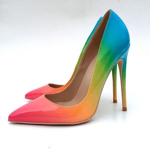 Europejska i Amerykańska Nowa Kolorowa Rainbow Lakier zębatki High Heel Buty Modne Seksowne Buty Single Shoe 8cm 10 cm 12cm buty 33-45