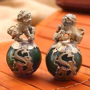 Pair Green Jade Dragon Phoenix Lion Ball Figurines