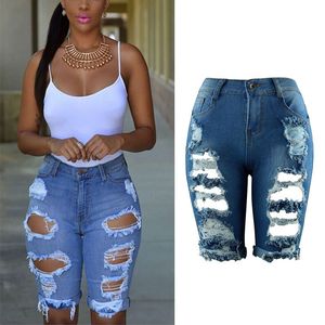 Sommar höga midja shorts kvinnor denim korta streetwear rippade jeans hål slitna vintage plus storlek