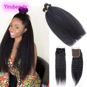 Peruvian 3 Bundles With Lace Closure 4X4 Top Closure Kinky Straight Yaki Human Hair Yaki Straight 95-100g/piece Natural Color