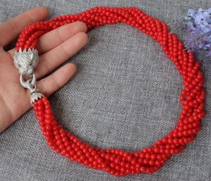 モード8ストランドrond Rouge Perles De Corail Collier AvecジルコンLeopard / Cheetah Fermoir