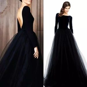 Fall Winter 2018 Black Vevet Dresses Evening Wear Bateau Neck Low Cut Back A Line Tull Kjol Långärmad Ontign Klänningar Formella Klänningar