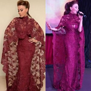 Graceful Arabic Dubai Celebrity Dresses Full Lace Appliqued Mermaid Evening Dresses Sparkly Cranberry High Neck Beaded Sequins Prom Dresses