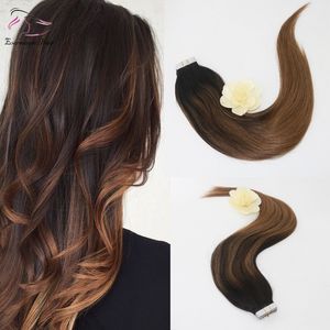 Top Grade High Quality Virgin Remy Hair Balayage Color 2/8# Straight Human Hair PU Tape Hair Extension