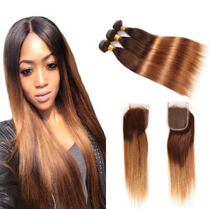Pre-Colored Raw Peruvian Hair 3/4 Bundlar med stängning 4/30 # Ombre Brown Blondin Rikt Mänskligt Hår Vävar Bundlar med stängning
