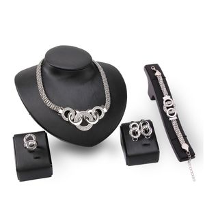 Dubai Rhodium Plated Five Loops Necklace Set African Fashion Diamond Wedding Bridal Costume Jewelry Sets (Necklace + Bracelet + Earrings)