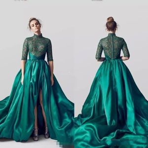 Emerald Green Long Train Evening Dresses 2019 Long High Leg Split Formal Gowns Women Vintage Green Prom Dress Vestidos Free Shipping