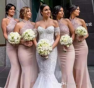 Halterhalsschede Lange bruidsmeisje jurken Nieuwe backless feestjurk met kant applicaties vloerlengte