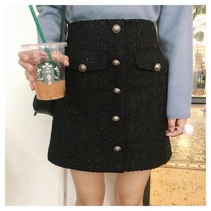 Kvinnors nya design höga midja a-line knappar lapptäcke lurex tweed ylle förtjockning kort kjol plus storlek sml