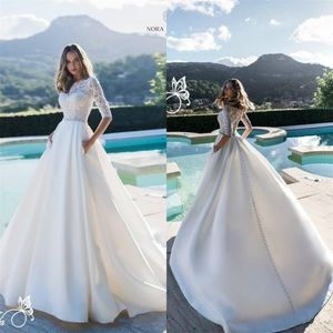 Cetim elegante uma linha vestidos de renda appliqued frisado faixa vestidos de noiva meia manga longa vestido de casamento com bolsos ppliqued