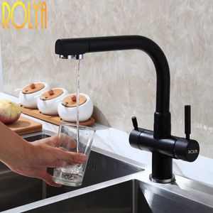 Rolya Premium Solid Brass Matte Svart Kök Kran Tri-Flow Swivel Sink Mixer 3 Way Water Filter Tap