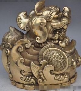 8"China fengshui brass wealth money coin Kirin Unicorn Kylin Pixiu beast statue