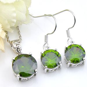 6 uppsättningar / mycket ny rundformad grön kubisk zirkoniumoxid cz 925 silver hängsmycke halsband örhänge mode smycken uppsättningar för kvinnor